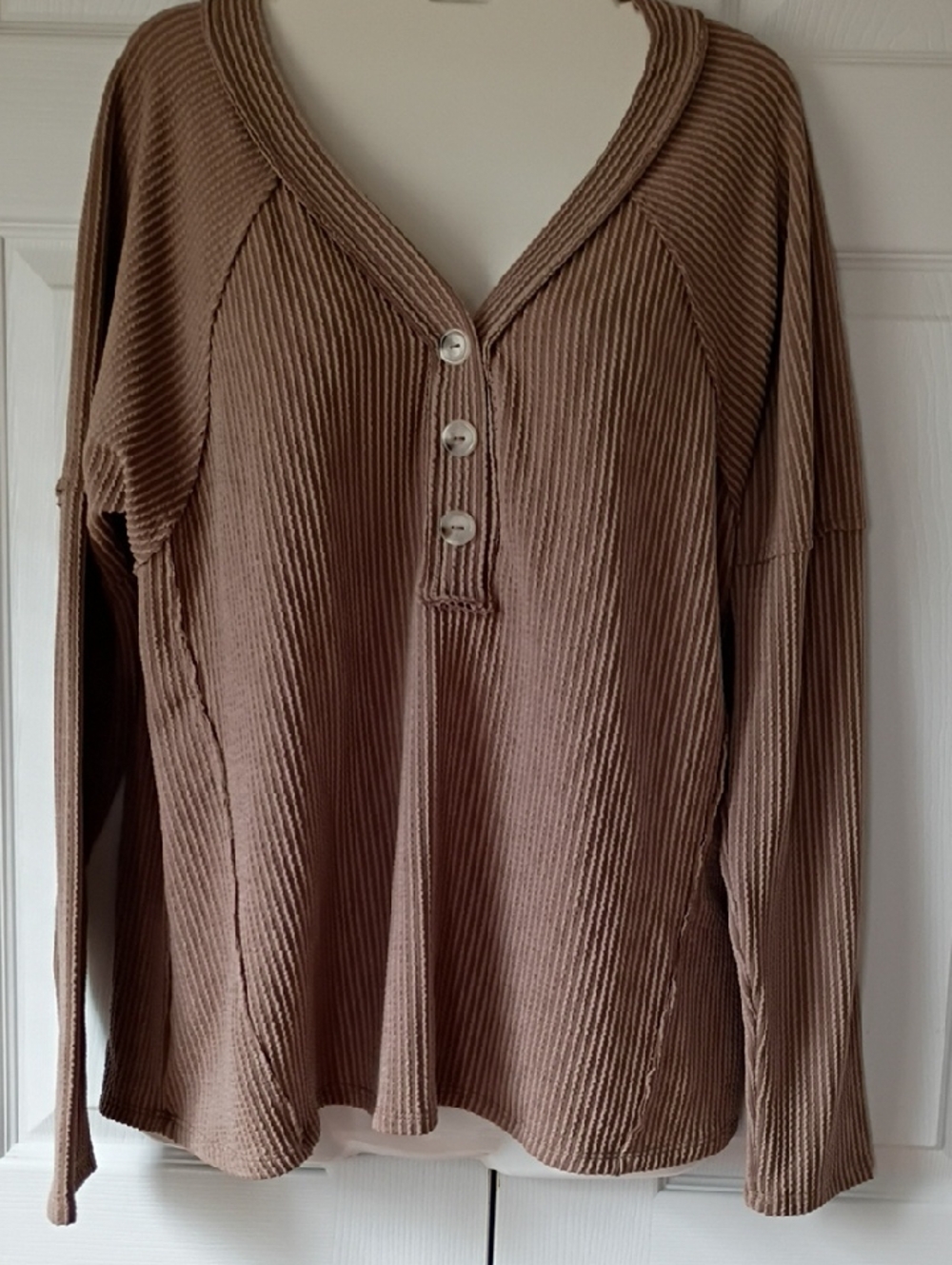 Ribbed V-Neck Button Henley Sweater in Taupe